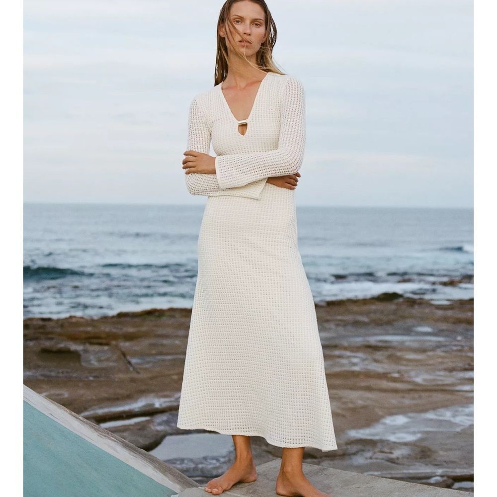 ZARA CROCHET LINED LONG SLEEVE MIDI DRESS ECRU w Gold detail M NWT - Picture 9 of 16